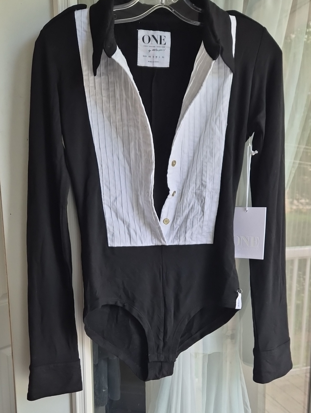 ONE by One Tuxedo-Style Black & White Long-Sleeve Bodysuit